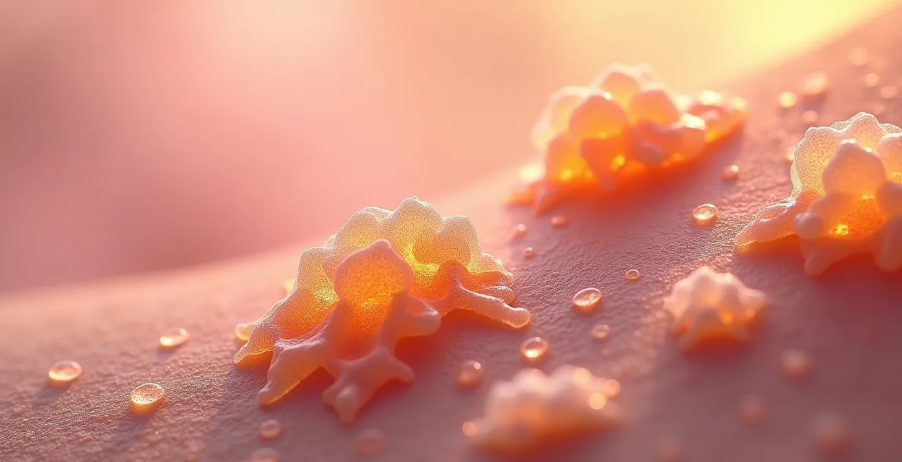 Vue macro de la surface cutanée avec représentation abstraite du microbiome