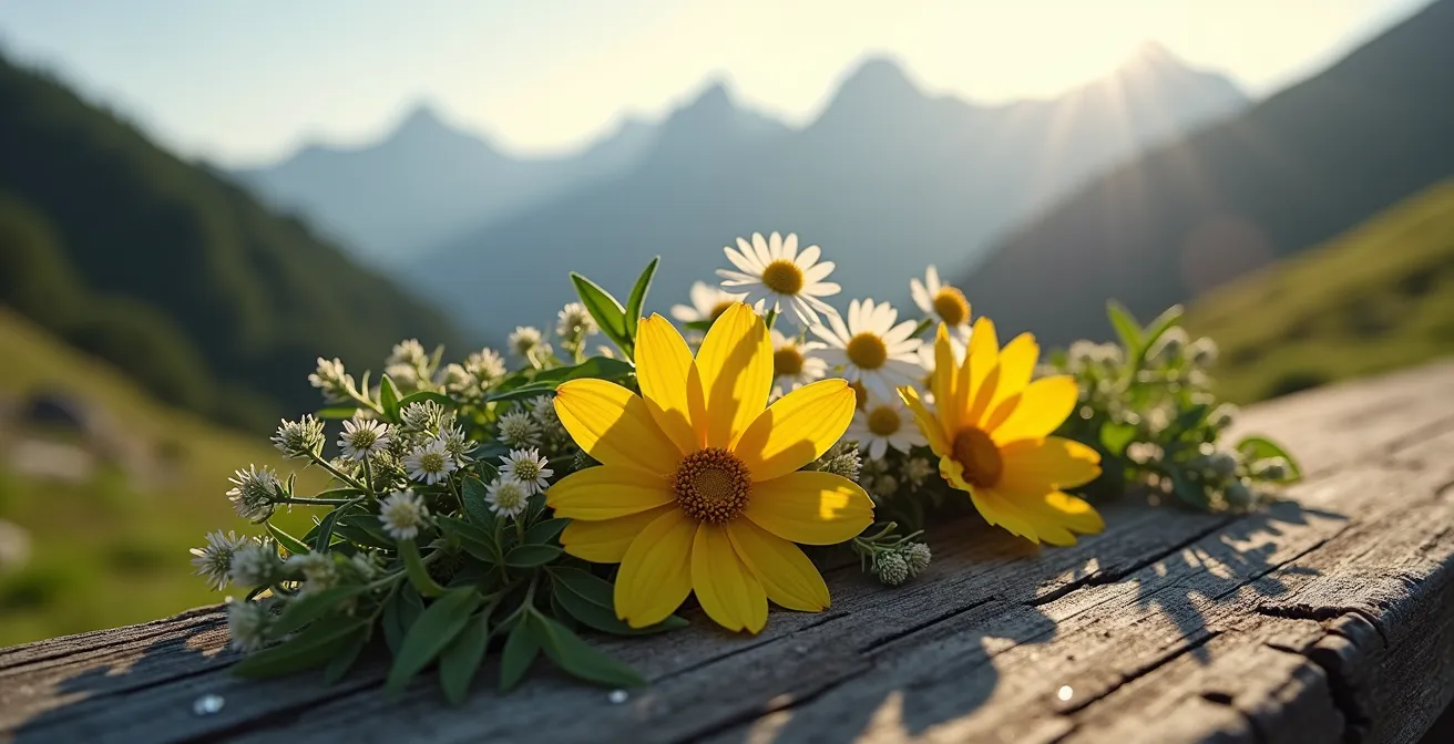 Composition de plantes alpines fraîches sur fond montagnard