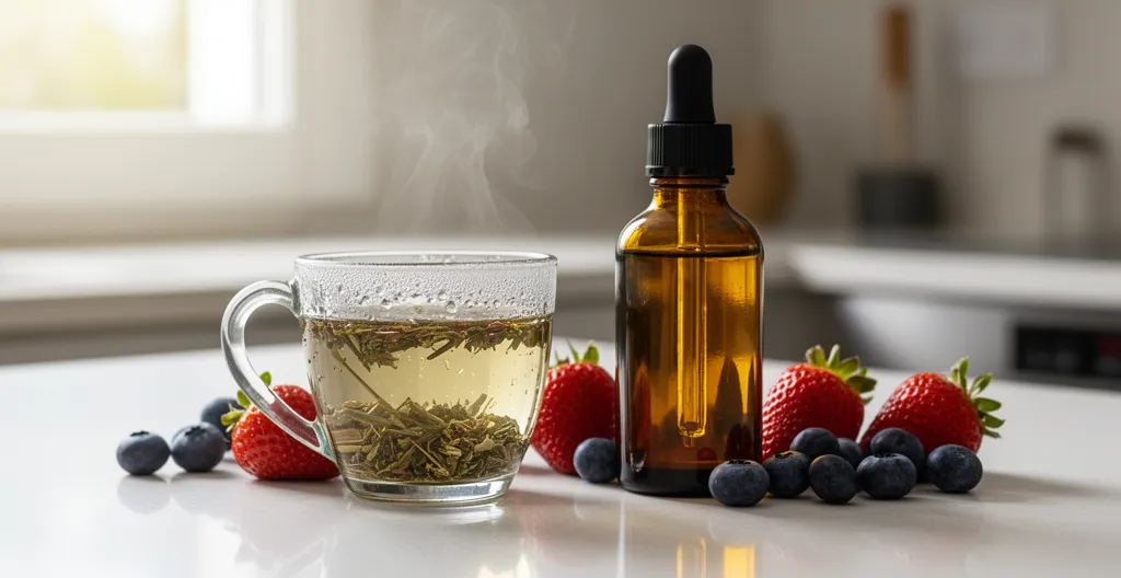 Routine matinale avec flacon CBD bio et tasse de tisane sur plan de travail cuisine