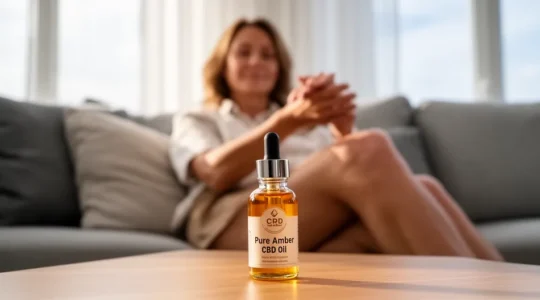 Femme se relaxant dans salon lumineux avec flacon huile CBD bio visible sur table