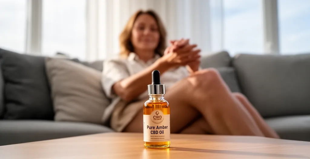 Femme se relaxant dans salon lumineux avec flacon huile CBD bio visible sur table