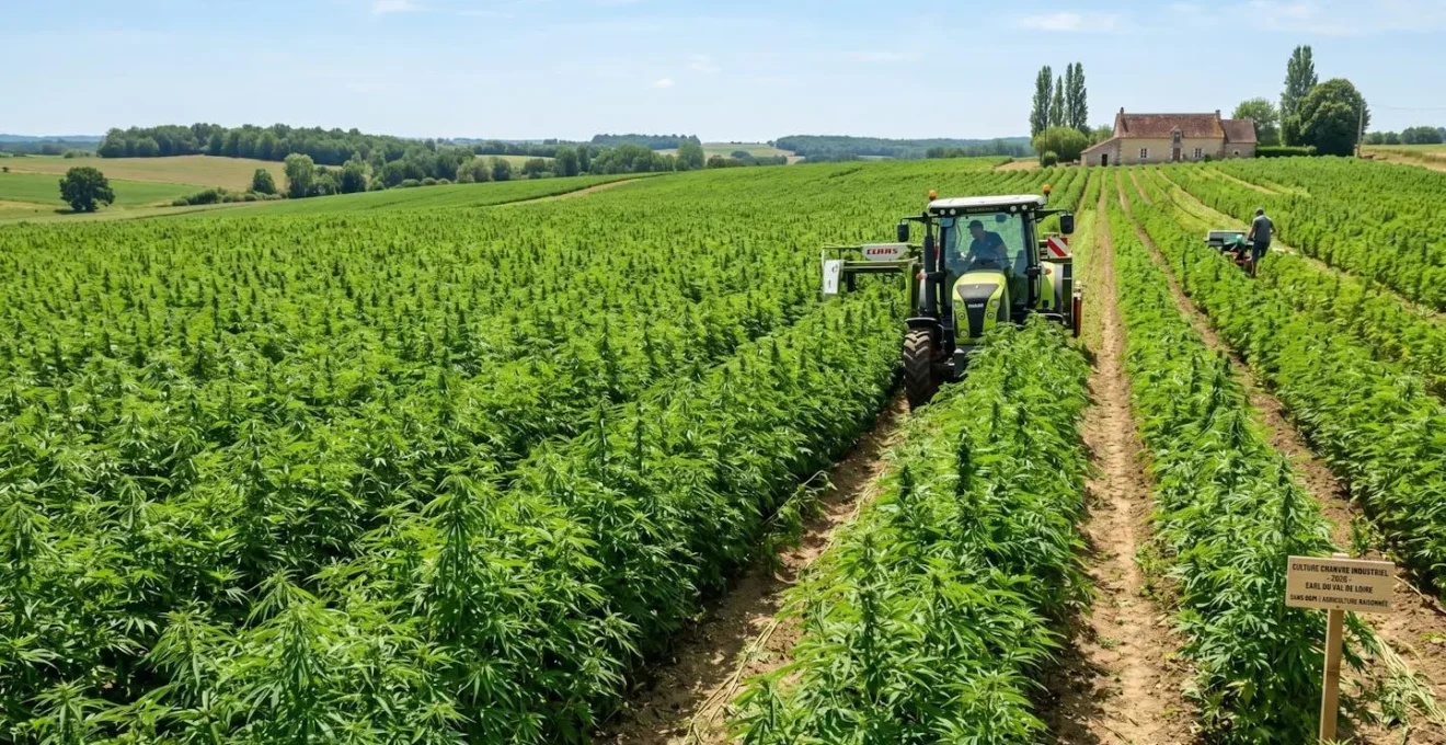 Vue large d'un champ de chanvre industriel en France sous un ciel lumineux, avec des rangées bien alignées de plants Cannabis sativa cultivés légalement