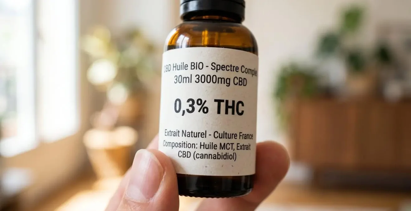 Gros plan macro sur une étiquette de produit CBD montrant clairement la mention 0,3% de THC sur un packaging moderne et épuré