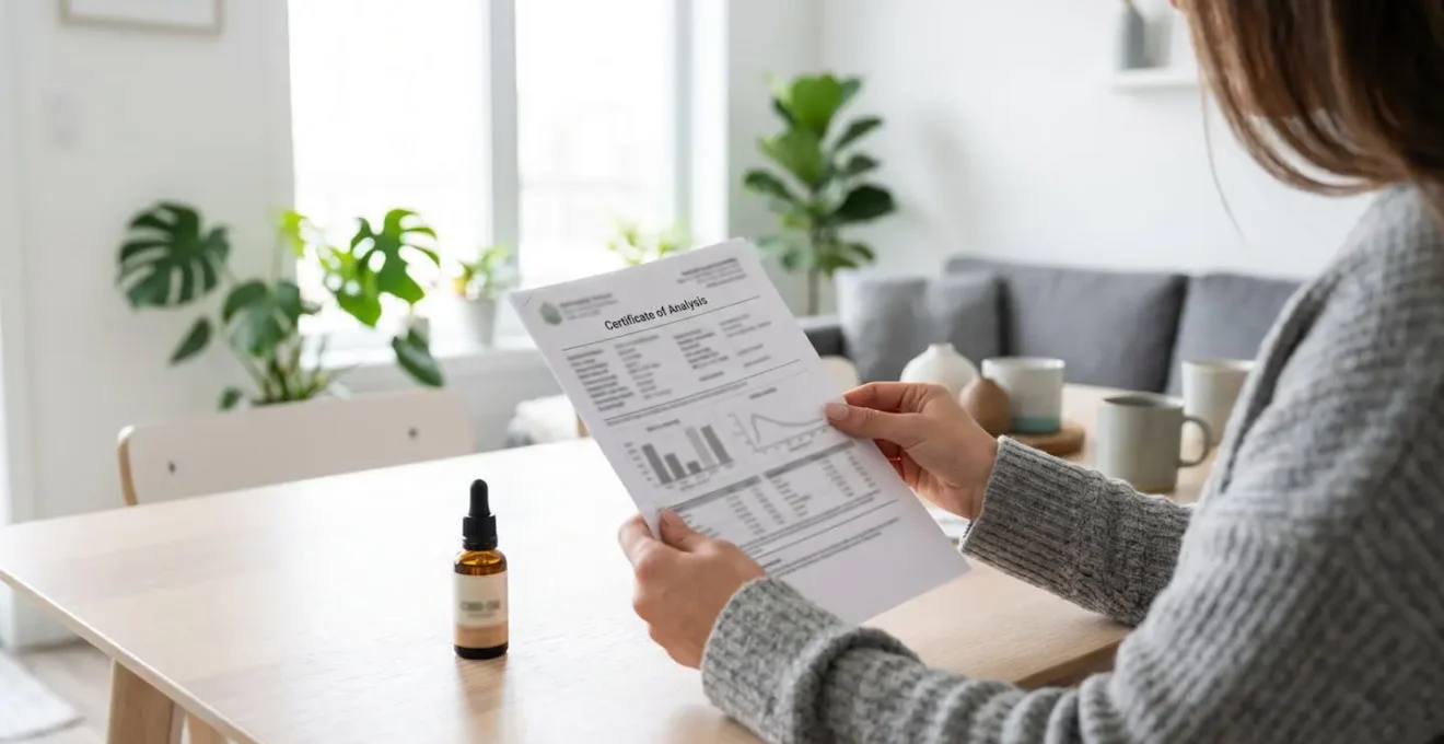 Vue par-dessus l'épaule d'une personne tenant et examinant un document certificat d'analyse CBD dans un intérieur moderne et lumineux