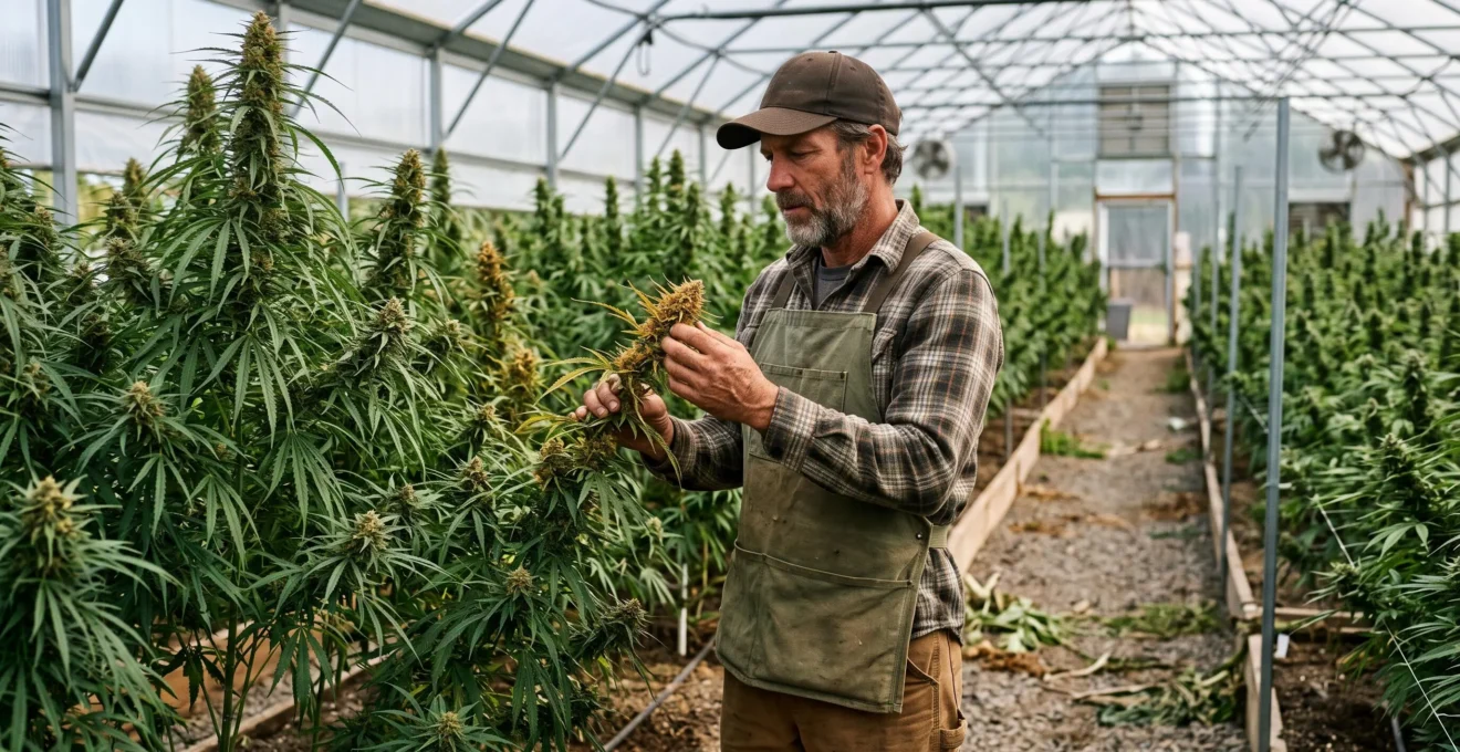 Un agriculteur examine des plants de chanvre riches en CBD à l'intérieur d'une serre professionnelle remplie de rangées de culture.