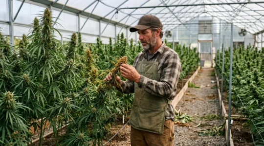 Un agriculteur examine des plants de chanvre riches en CBD à l'intérieur d'une serre professionnelle remplie de rangées de culture.