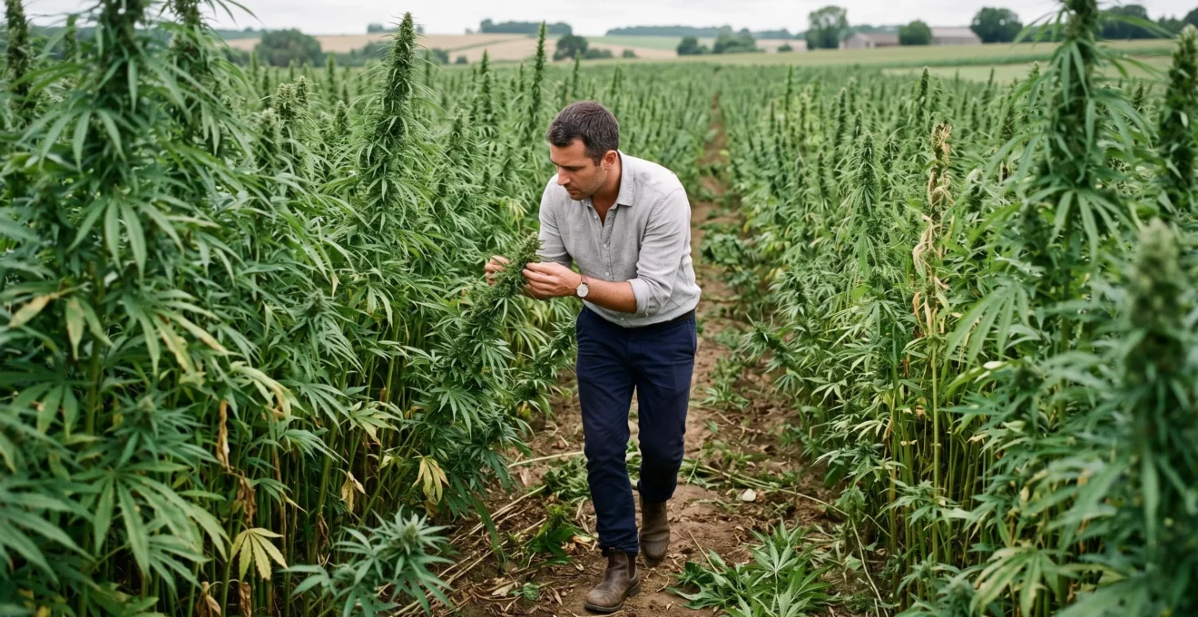 Un agronome inspecte une inflorescence de chanvre dans un champ de plants élancés aux feuilles fines, en pleine campagne européenne.