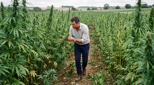 Un agronome inspecte une inflorescence de chanvre dans un champ de plants élancés aux feuilles fines, en pleine campagne européenne.