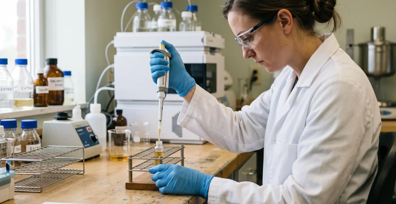 Une technicienne de laboratoire prélève un extrait d'huile de chanvre doré à la pipette dans un flacon d'échantillon.