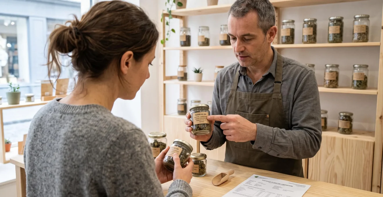 Un conseiller de boutique montre à une cliente une verrine de fleurs de CBD en lui indiquant l'étiquette du produit.