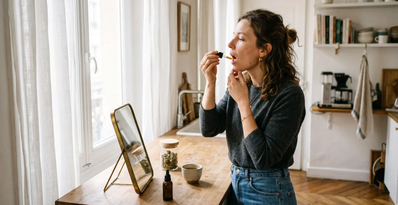 Une femme verse quelques gouttes d'huile de CBD sous sa langue dans une cuisine lumineuse, à l'aide d'un compte-gouttes en verre ambré.