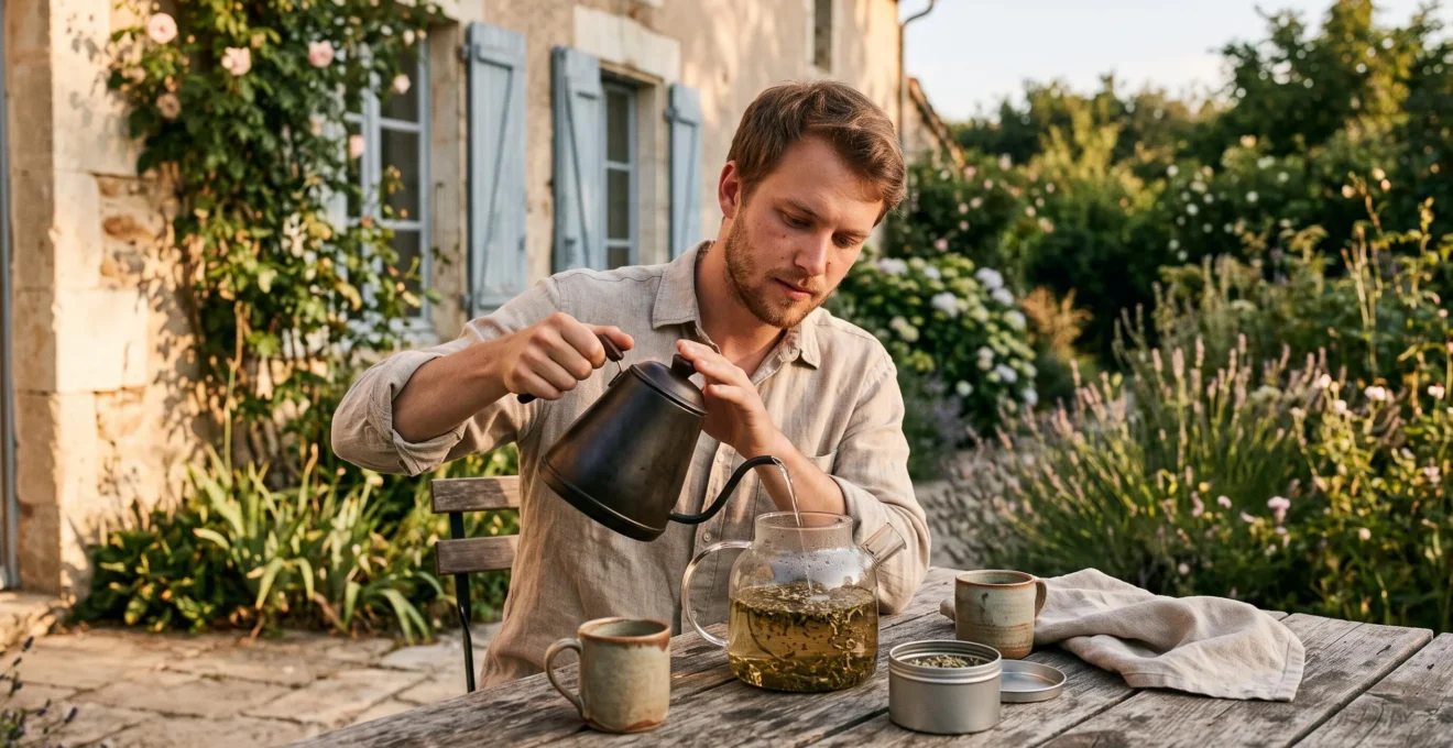 Un jeune homme verse de l'eau chaude dans une théière remplie d'infusion de CBD sur une terrasse au coucher du soleil.