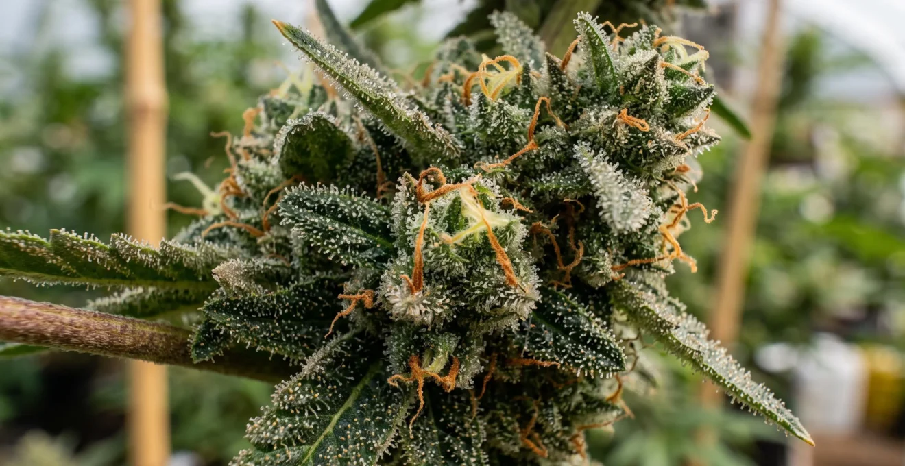 Gros plan macro sur une inflorescence de cannabis riche en CBD couverte de trichomes cristallins et de pistils orangés.