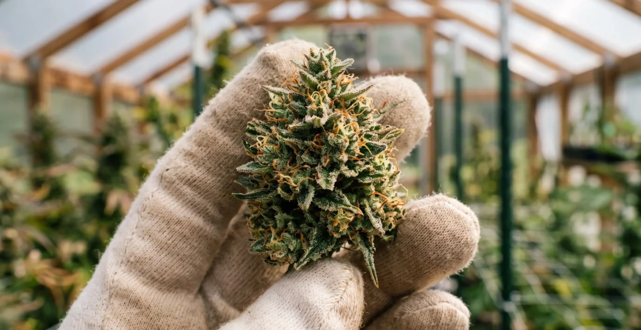 Gros plan sur une fleur de chanvre riche en CBD aux trichomes résineux, tenue avec un gant en coton dans une serre.