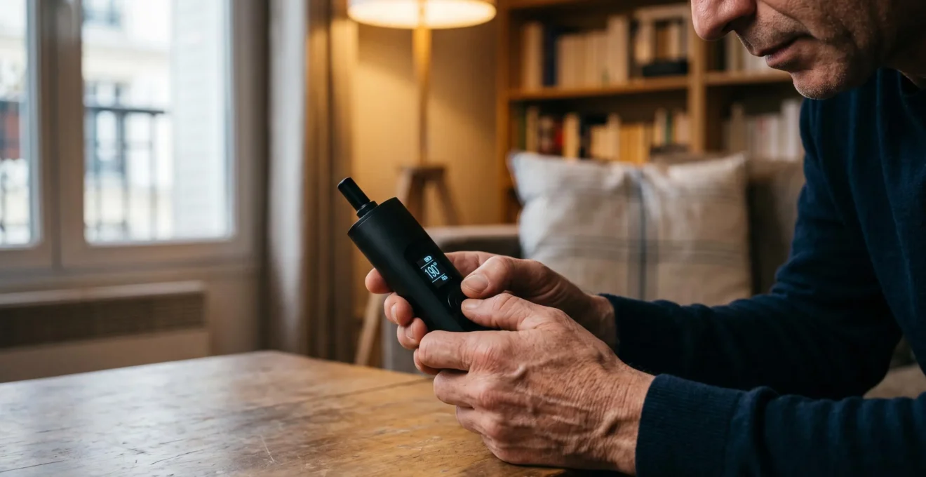 Gros plan sur les mains d'un homme réglant la température d'un vaporisateur portable de CBD dans un salon.