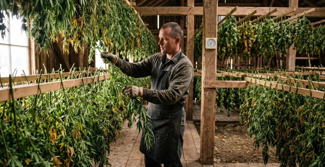 Un technicien suspend des branches de chanvre fraîchement récoltées sur des racks de séchage en bois dans un local aménagé.