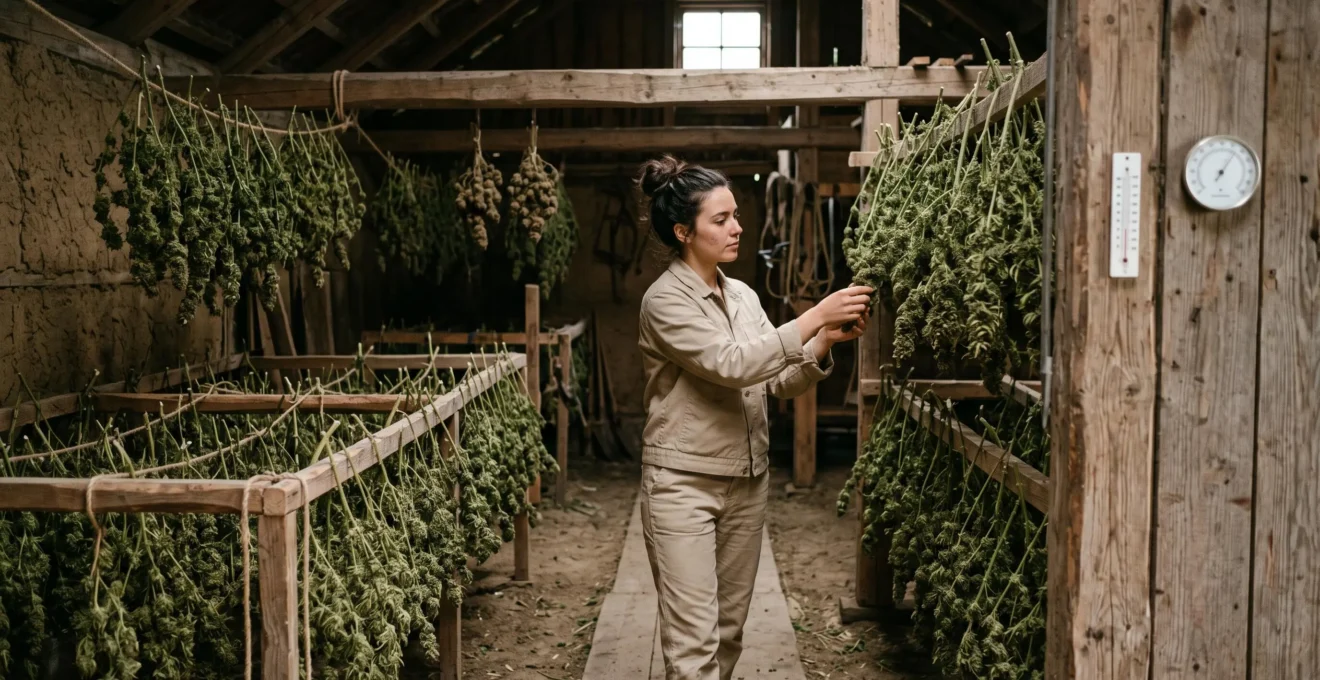 Une technicienne contrôle des branches de cannabis séchées à l'envers sur des supports en bois dans un séchoir rustique.