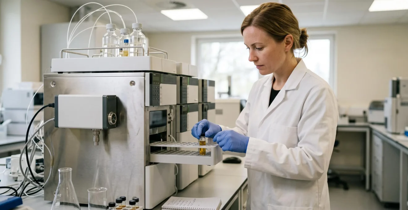 Une technicienne de laboratoire introduit un flacon d'extrait de chanvre dans une machine d'analyse HPLC.